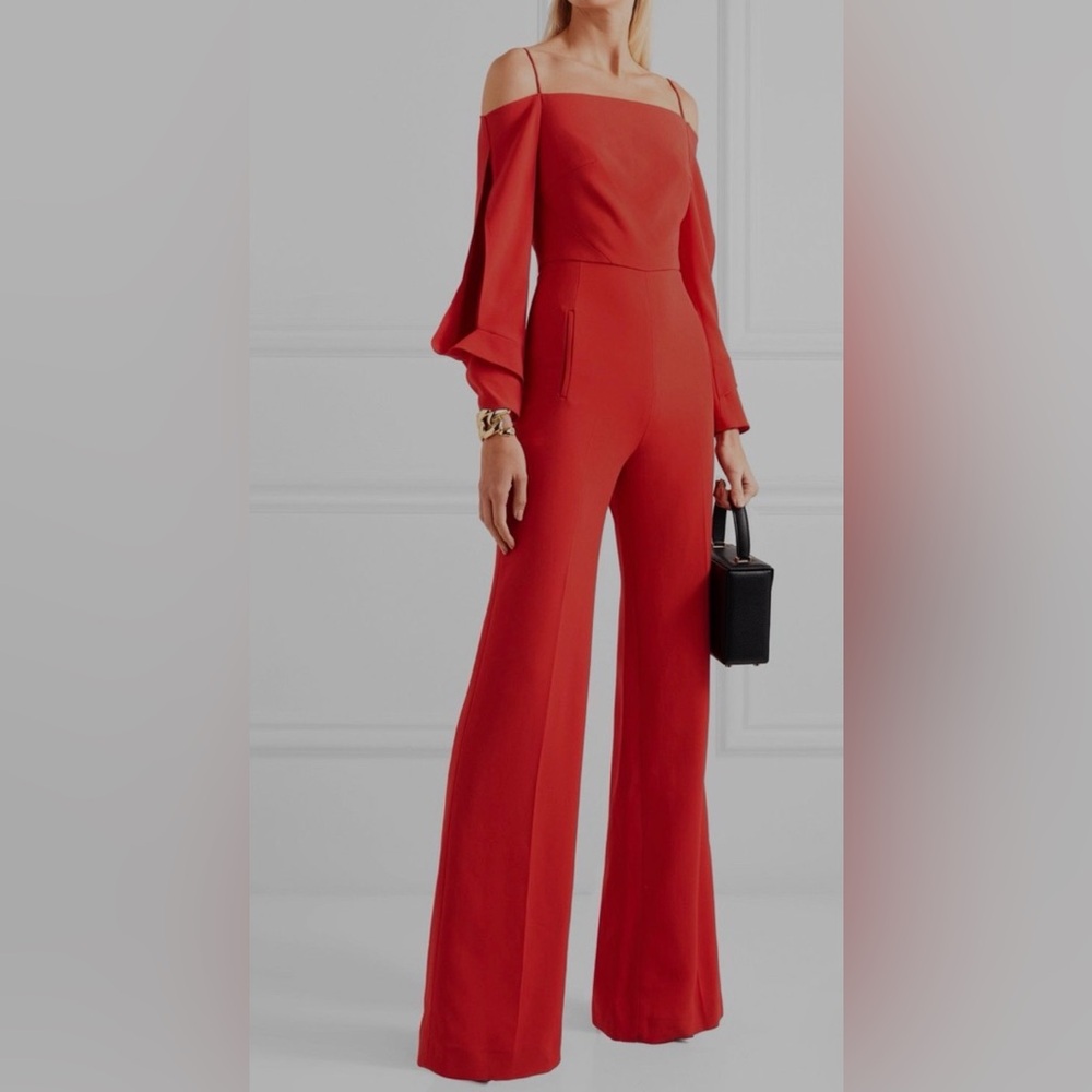 Roland Mouret Marlow Red Off-Shoulder Jumpsuit.